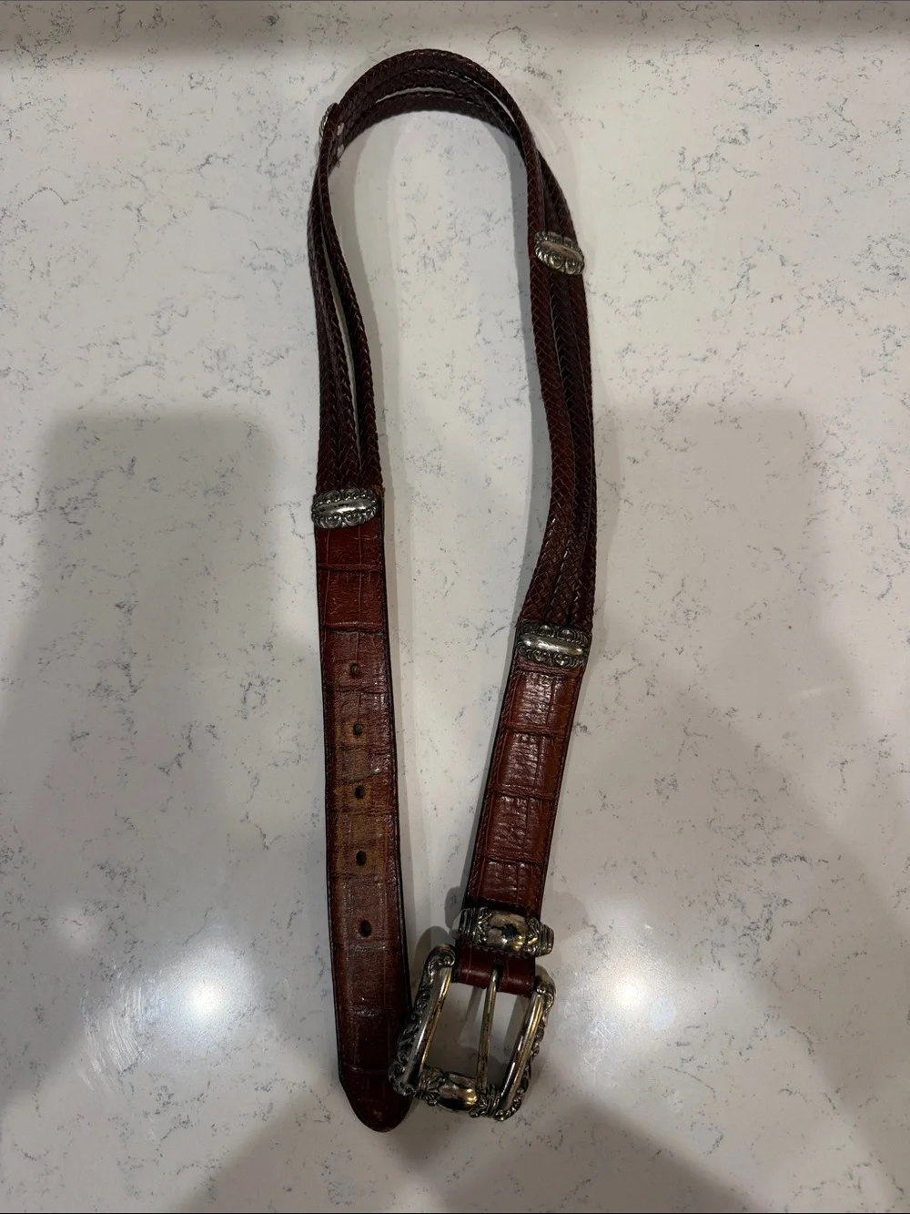 Vintage Brighton Brown Croc-Textured Weatern Leather Belt with Silver Hardware